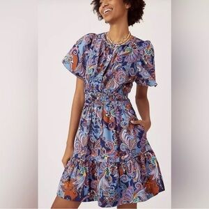 Anthropologie Somerset Blue and Rust Paisley Mini Dress Size Medium